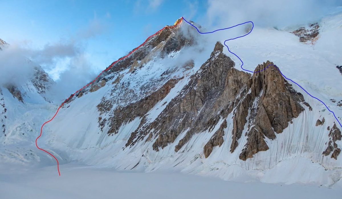 Livingstone and Cesens line of ascent red and descent blue on Gasherbrum III Tom Livingstone