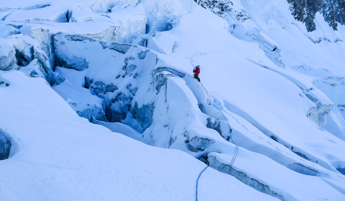 The north side of Yawash Sar is accessed via an icefall climb which leads to a glacier basin between